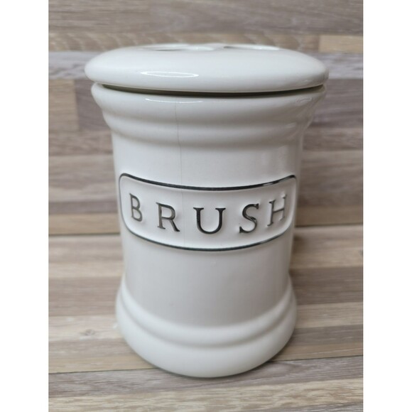 Pottery Barn Ceramic Text Bathroom Set Lotion Toothbrush Holder Canister Retired - Picture 11 of 14